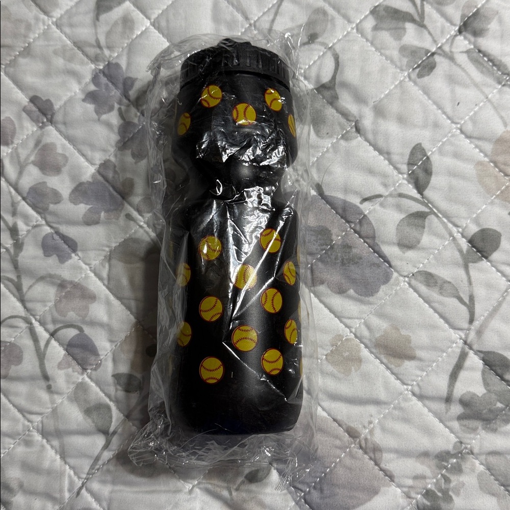 Black Water Bottle with Yellow softball  Print